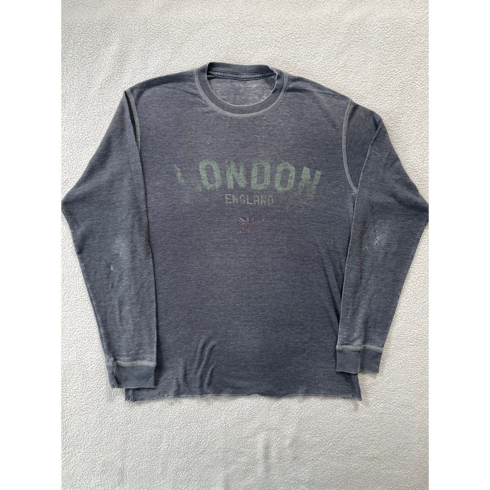 Mens Medium Long Sleeve Thermal Shirt Grey London England Distressed Paper Thin